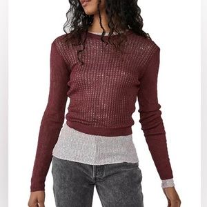 Free People H20 Crew Pullover Maroon Mesh Long Sleeve Top